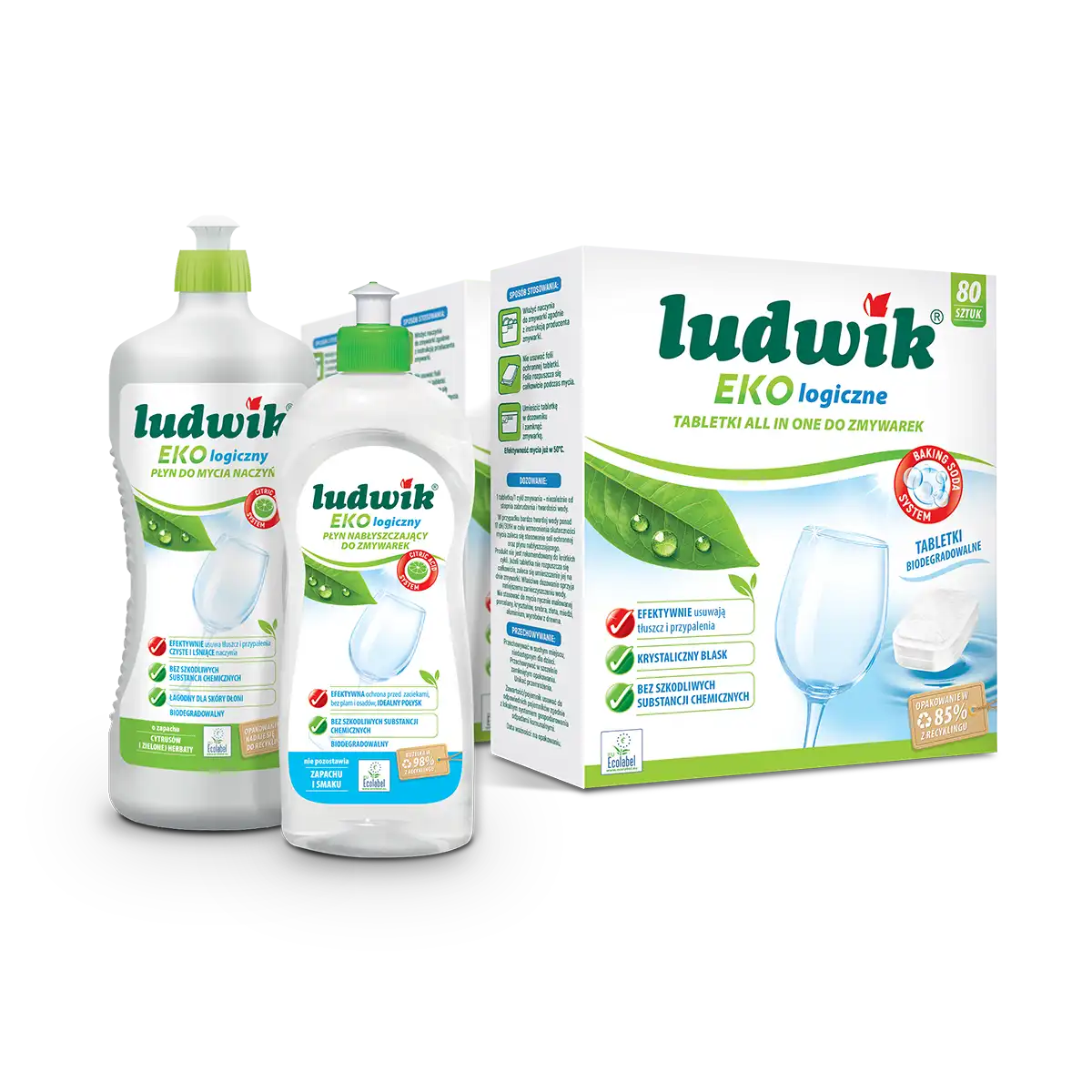 Zestaw Ludwik Ekologiczny (tabletki do zmywarki 240 szt + płyn nabłyszczający + płyn do naczyń)