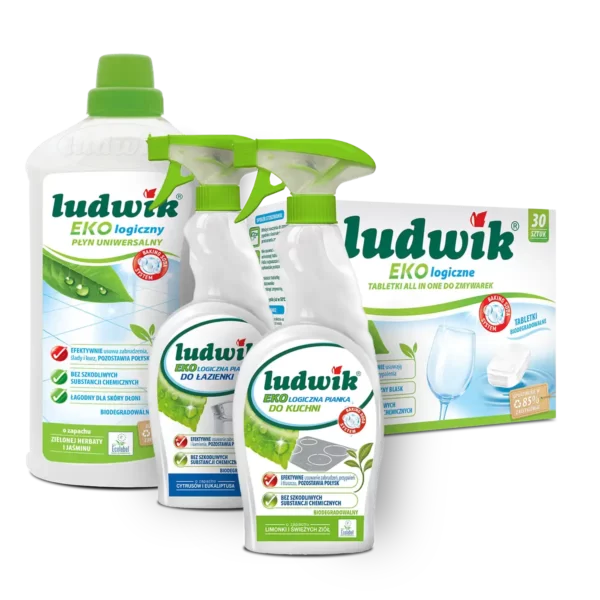 Zestaw uniwersalny Ludwik Ekologiczny (pianki: do łazienki, do kuchni, tabletki do zmywarki, płyn uniwersalny)
