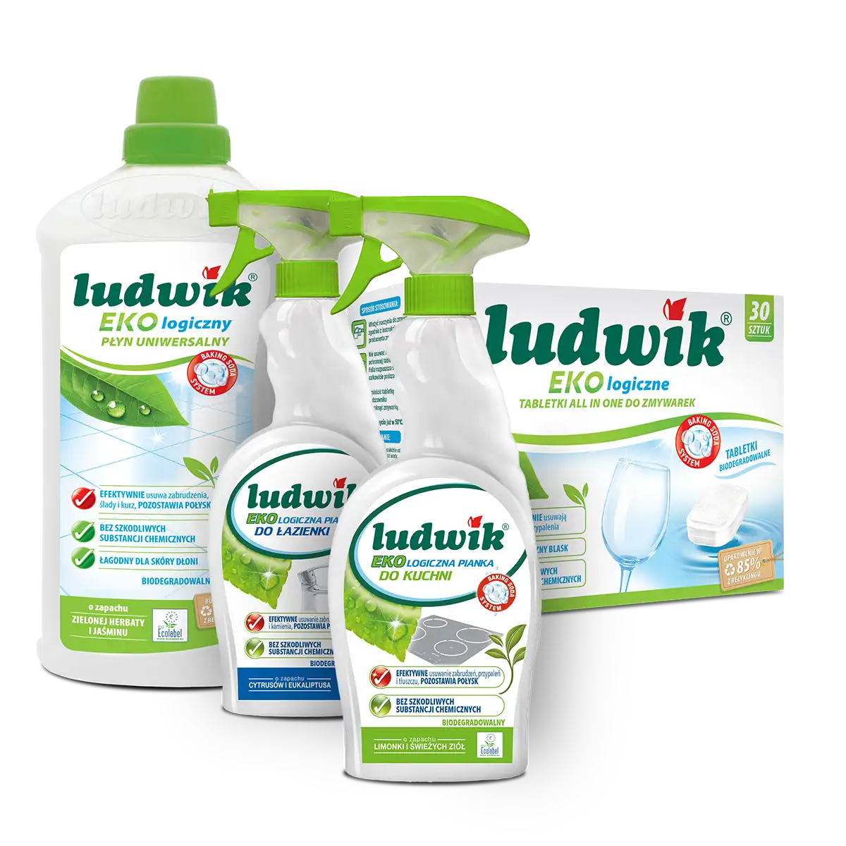 Zestaw uniwersalny Ludwik Ekologiczny (pianki: do łazienki, do kuchni, tabletki do zmywarki, płyn uniwersalny)